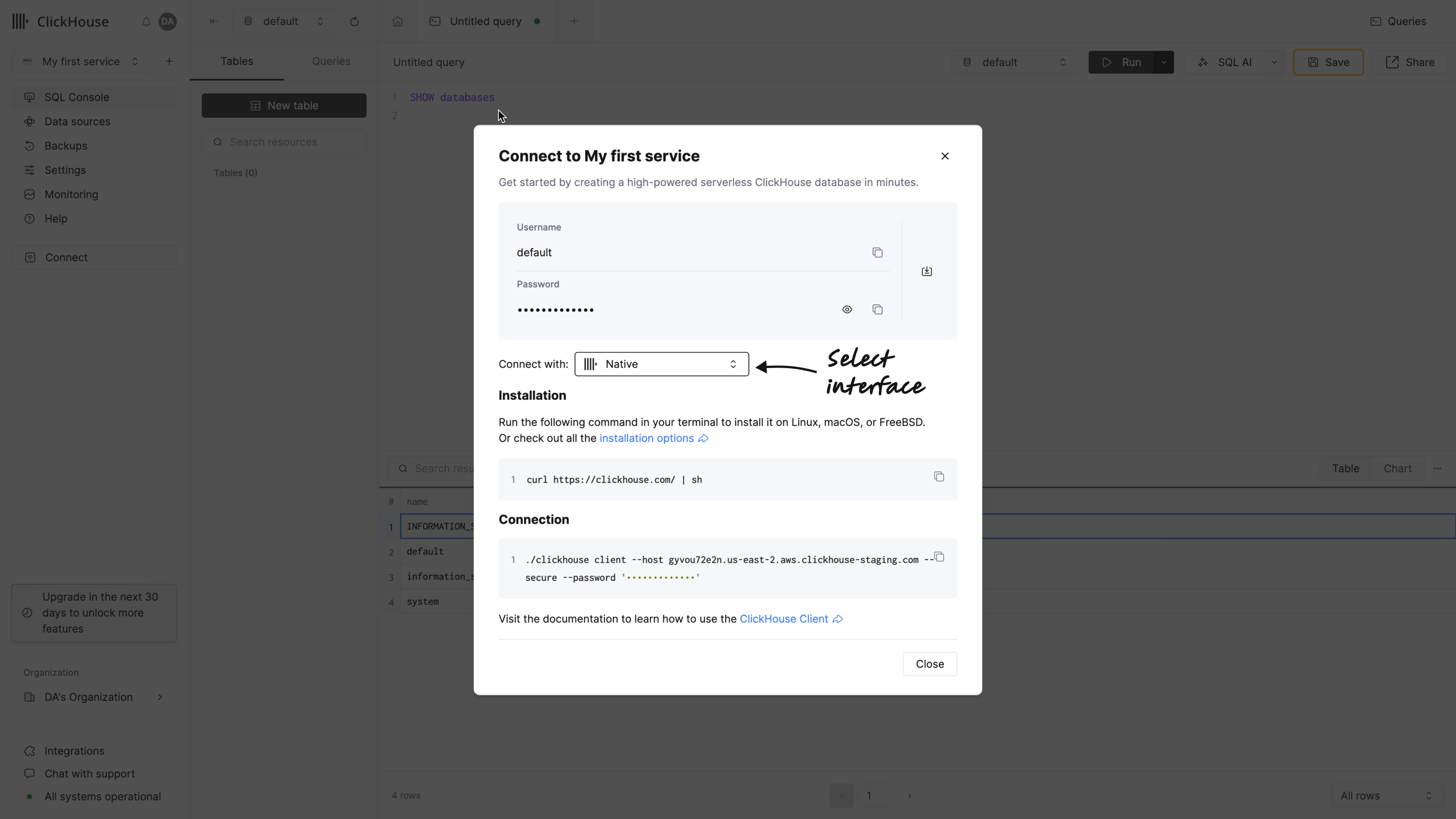 параметры подключения для clickhouse client